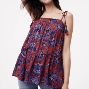 Red and Blue Floral criss cross cut out back tassel tie strap top never worn